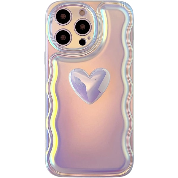 iPhone 15 Pro Max Cover 6,7 tommer, Sød 3D Kærlighedshjerte Bølge Ramme Blød TPU Glimmer Laser Farverig Lys Glitter Telefon
