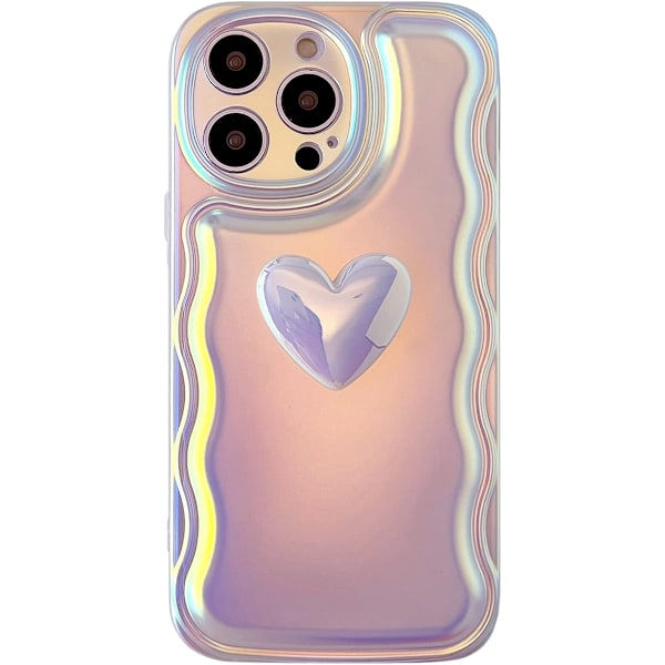 iPhone 15 Pro Max Skal 6,7 tum, Söt 3D Hjärta Vågram Soft TPU Glitter Bling Laser Färg Ljus