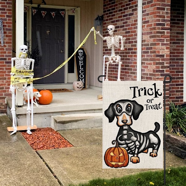 Halloween Trick or Treat Hageflagg Spøkelseshund 12x18 Tommer Liten Dobbeltsidig Burlap Velkommen Hage Dachshund Skjelett Utes