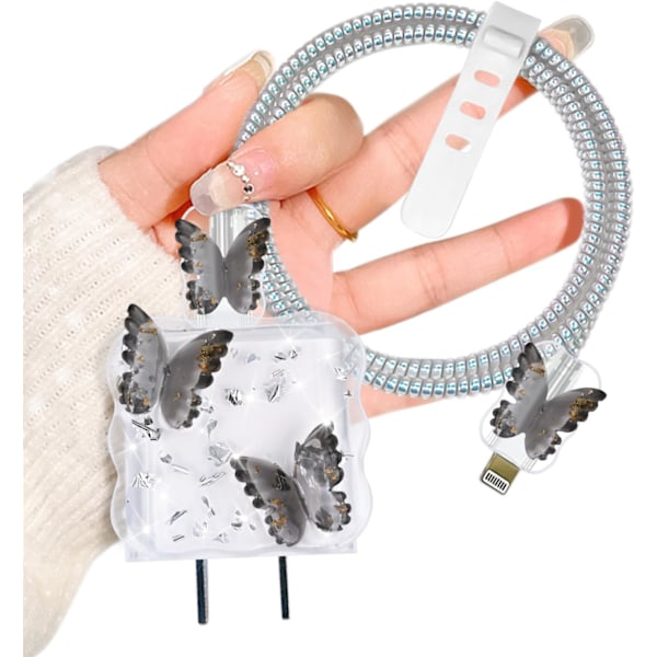 Kabelskydd för iPhone Adapter Laddare, Sött Lyxigt 3D Fjärilsmönster, Transparent Datakabel Trådsparare Laddarskydd för iPhone 11 12 13 1