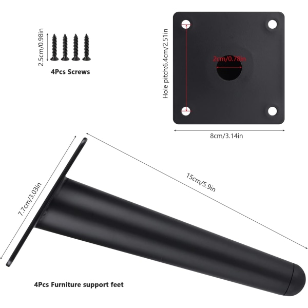 Sats med 4 st Charge möbelben, 15 cm metallskåpsben, koniska bordsben, möbelben för skåp