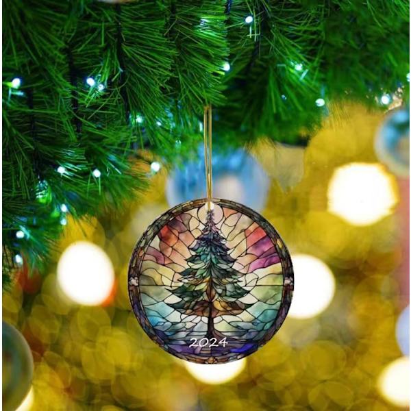 1 st julgranspynt 2024, Runda julgranspynt, Glasmålningsstil Hängande prydnader, Roliga Akryl Chri