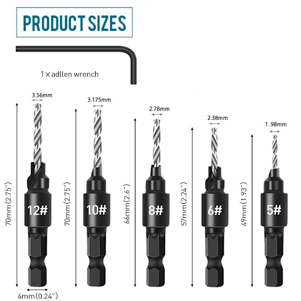 5-pack Fräsade Spetsar, Justerbar 1/4\" Snabbväxling, med Hex-nyckel, Träbearbetningsborr
