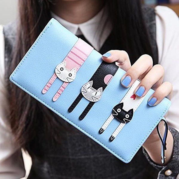 Mini Falskt Läder Bifold Söt 3 Katter Blixtlås Clutch Väska Underbar Lång Söt Katt Plånbok Handväska för Blue