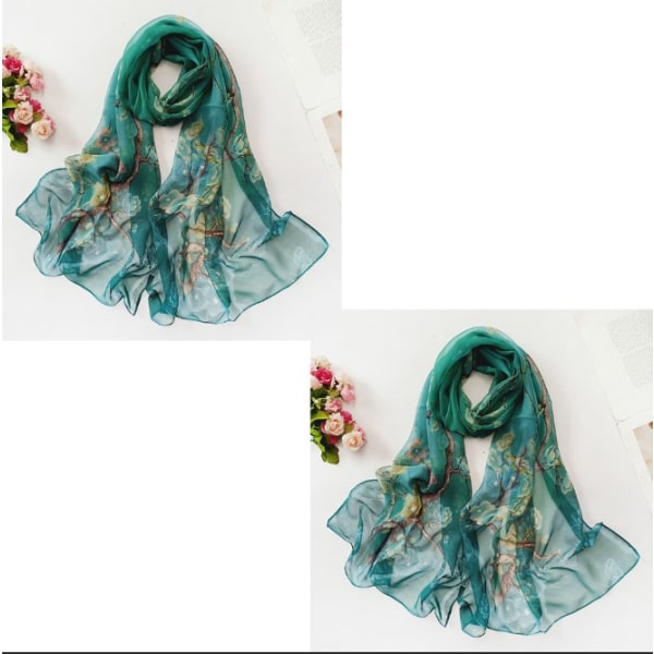 （blommeblomsthul grøn） 2 stykker Chiffon-tørklæde med blomsterprint - Li