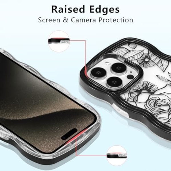 iPhone 15 Pro Max Skal, Söt Blommig Ros Vågigt Lockigt Vågrams Transparent Estetiskt Telefonfodral för Kvinnor Flickor, Smalt TPU Stötskydd