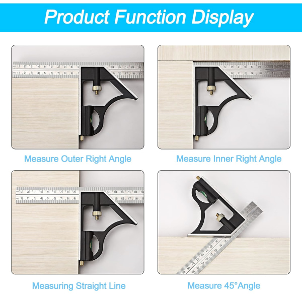 Metall Kombinasjonsvinkel Multifunksjonell Snekkerlinjal Kombinasjonsvinkel Linjal med Nivå Vinkelmåler