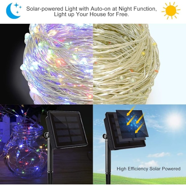Udendørs farverige solcellelyskæder, 100 LED'er, 8 tilstande, 12 m, vandtætte solcellelyskæder til have