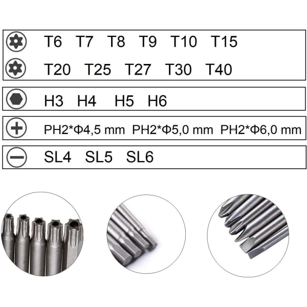 Skrutrekkerbits 21 deler, magnetisk skrutrekkerbit 100mm lang, Torx T6-T40, Hex 3mm-6mm, Phillips