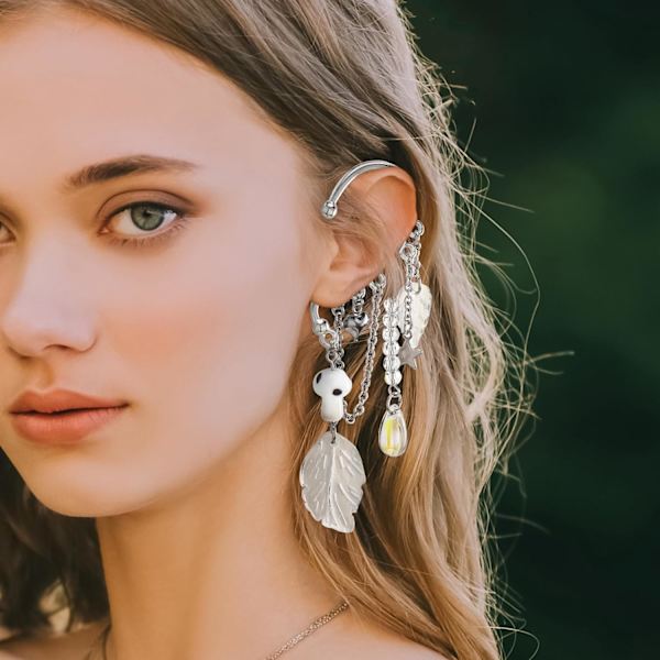 Renaissance Fairy Elf Øremanchetter - Hvide Svampe Fairy Øremanchetter med Blade Tassel Elf Cuffs Clip Øreringe Wrap Ingen Piercing