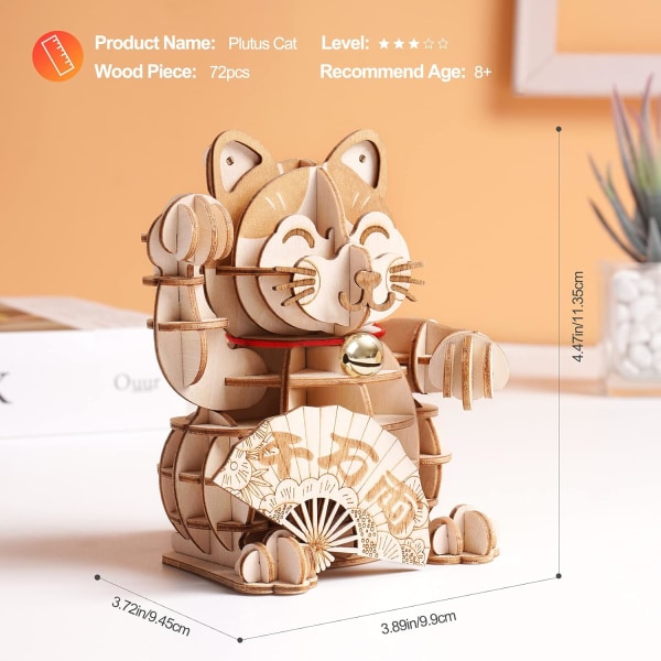 3D tremodellpuslespill å bygge for voksne barn Lucky Cat, DIY Model Kit Byggeleke, Puluts C
