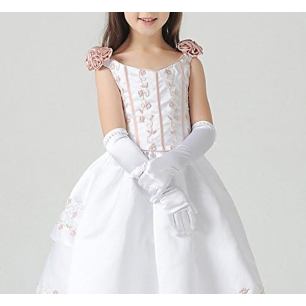 Pige-prinsesse Lange Satin Handsker med Perler til Første Hellige Kommunion, Halloween Kostume, Fødselsdagsfest Handsker til 6-10 år