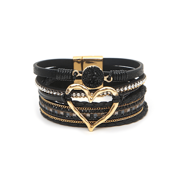 Hjerte Læder Wrap Armbånd Stakbare Boho Manschetter Trendy Harpiks Sten Rhinestone Armbånd med Magnetisk Spænde til