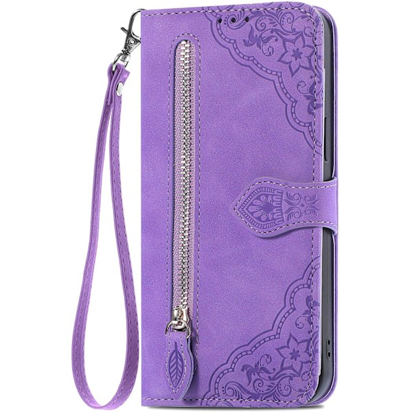 Etuier til iPhone 16 Pro Max Pungetui til Kvinder med Kortlomme Præget Blomst Lynlås Pung PU Læder Flip Cover w
