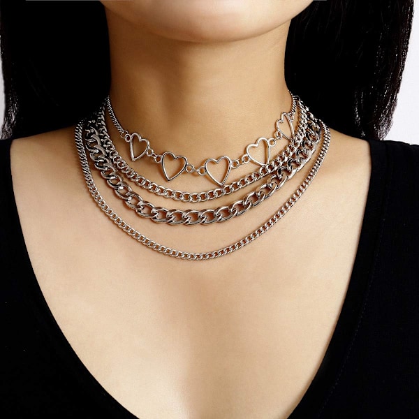 Enkel Hjerte Halskæde Lolita Choker Kæde Lagdelt Cuban Tyk Sølvkæde Halskæde til Kvinder Mænd Chic y2k Tøj Smykke