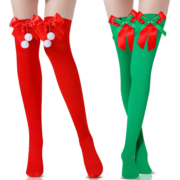 2 Par Julrandiga Långa Strumpor för Kvinnor, Candy Cane Höga Strumpor med Rosett för Kvinnor och Flickor
