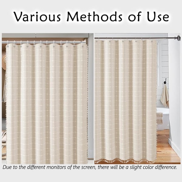stk. Rustik Polyester Linned Neutral Boho Stribe Beige Bruseforhæng til Badeværelse med Kvaster - Boheme Stof Bruseforhæng 183 x 183 cm