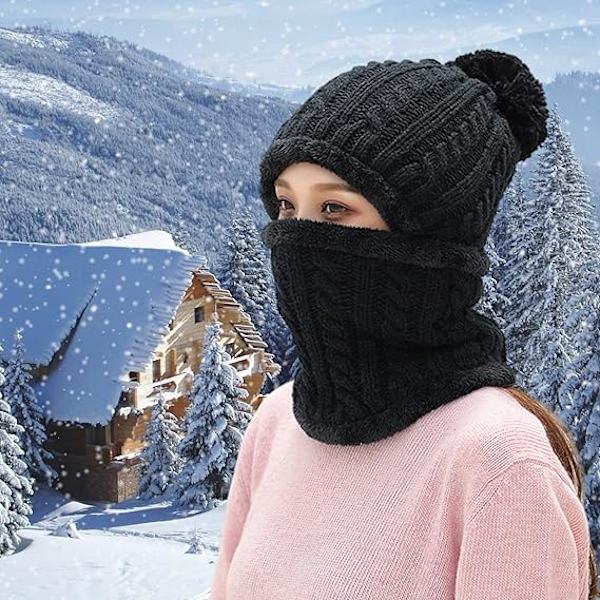 1 stk. Kvinders Vinter Beanie Hat Én Del Fleeceforet Strikket Balaclava Maske Sæt Skalle Hals Cirkel Sjal Ski Sne Hat Pompom