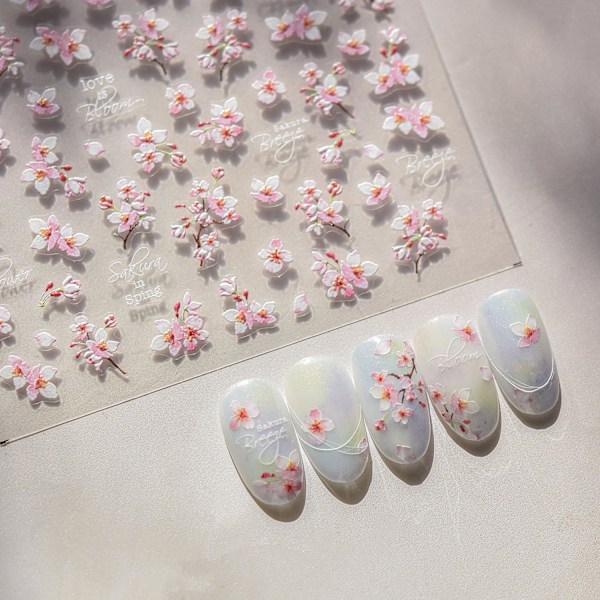 Vårblomma 5D Präglade Nagelstickers Rosa Sakura Blomma Nageldesign Blomster Nagelstickers för Nagelkonst Relief Kronblad Nageltillbehör för Kvinnor Flickor