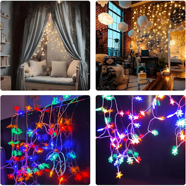 LED Stjernelysstreng, Batteridrevet Lys, 10M 80LED Indendørs Feelygter, Vandafvisende (Femtakkede Stjerne + Varmt Lys)