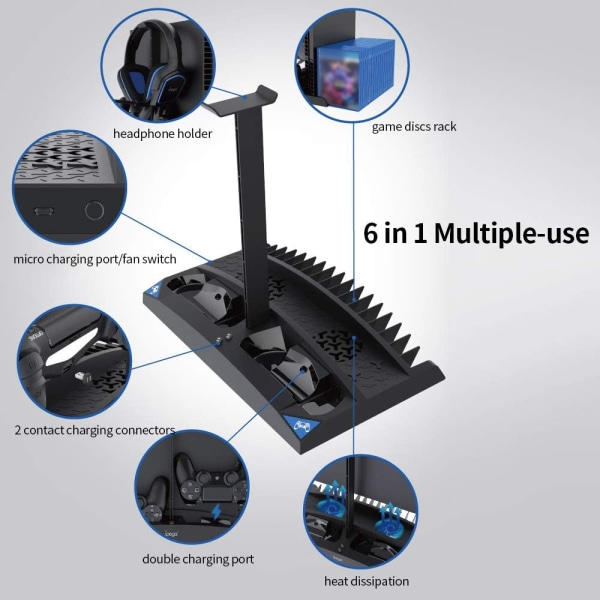 Vertical Gaming Stand 6 in 1 Multifunction Cooling Fan Earphone Holder Controller Charging Base for