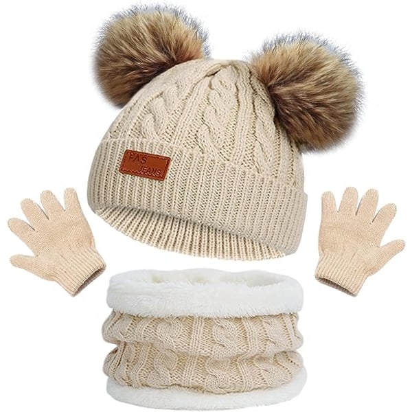 Barn Vinter Warm Beanie Hat Scarf Handskar Set khaki Thermal K