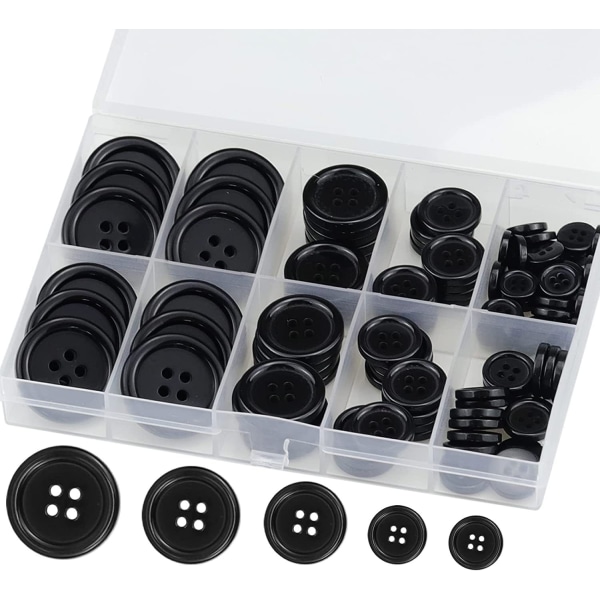 100 stycken svartvita knappar, skjortaknappar, 4 hålsknappar, runda knappar för sömnadshantverk, resi