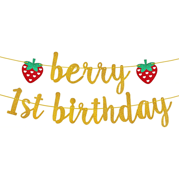 (Gold) Strawberry 1st Birthday Banner Glitter Strawberry Theme 1st Birthday Party Background Banner