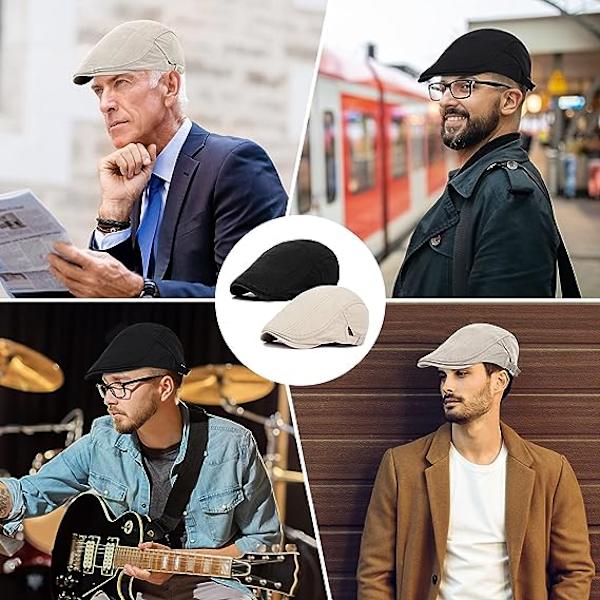 2 stk. Tan/Sort Newsboy Hatte til Mænd Flat Cap Bomuld Justerbar