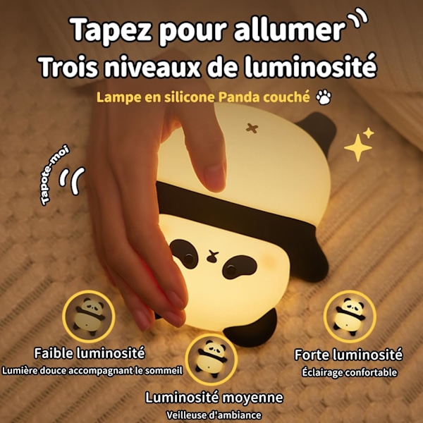 Panda Natlampe til Børn - USB Genopladelig Touch Lampe, 3 Lysstyrkeniveauer, 30 Min Timer, Silikone Natlampe til Børneværelse, Drenge og Piger