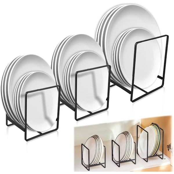 Svart Set med 3 Tallrikshållare, Tallriksförvaring i Skåp, Metalltallrikshållare, Förvaring av Grytlock med Handtag, Lockförvaring, Tallriksförvaring i Skåp