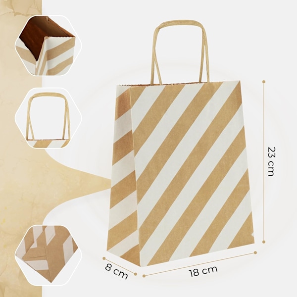 Pakke med 16 brune papirposer med håndtak - 18 x 22 x 8 cm - Papirhandleposer med snorhåndtak - Gaveposer - Gaveposer i kraftpapir - Kalender o