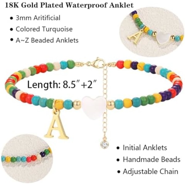 Ankelkæder til Kvinder Initial Anklet Vandtæt Boho Perleformet Fint Ankelkæde til Teenager Brev Hjerte Håndlavet A