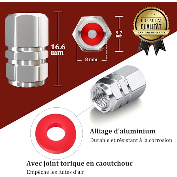 (1,6×9,7×9,7 cm) (Sort + Sølv) Dækventilhætter til bil, 4 stk. Aluminium Bilventilhætter, Cykelventilhætter med tætningsring