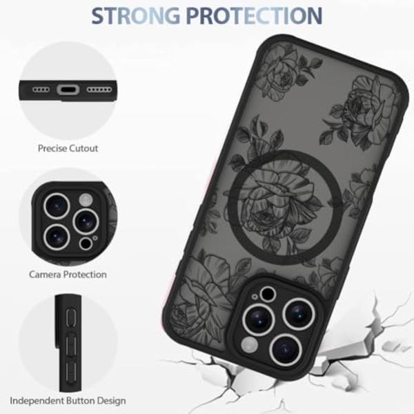 Etui til iPhone 16 Pro Max [Kompatibel med MagSafe] Sort Blomst Blomstermønster Design Etui til Kvinder Piger Blød TPU Bu