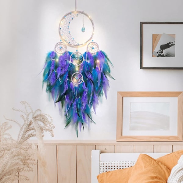 1 st LED-upplyst drömfångare halvmåne dekoration med lampor handgjorda fjäderdrömfångare för sovrum bohemisk