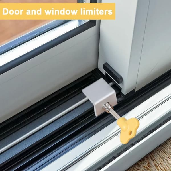 Stykker af skydevinduesbegrænser, skydevindueslås, skydevinduesblokering, vinduesbegrænser, verandadørslås og vindueslås. (3, sølv)