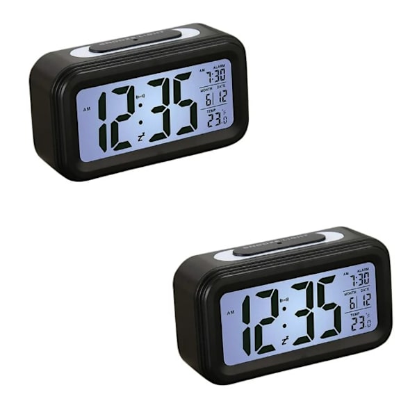2 individuella digitala väckarklockor med bakgrundsbelyst LCD-skärm