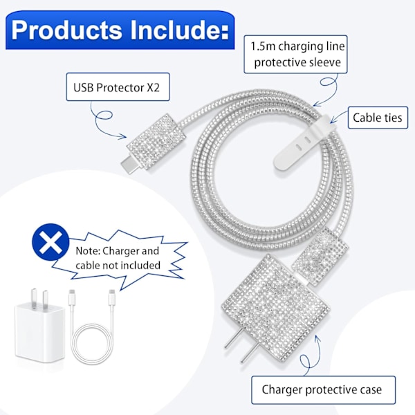 1 SÆT Beskyttelsesetui til Oplader til iPhone 20W USB C Oplader Funklende Diamant Opladerbeskytter til Kvinder Piger Glitter Blød Opladerkabel Beskyttelse