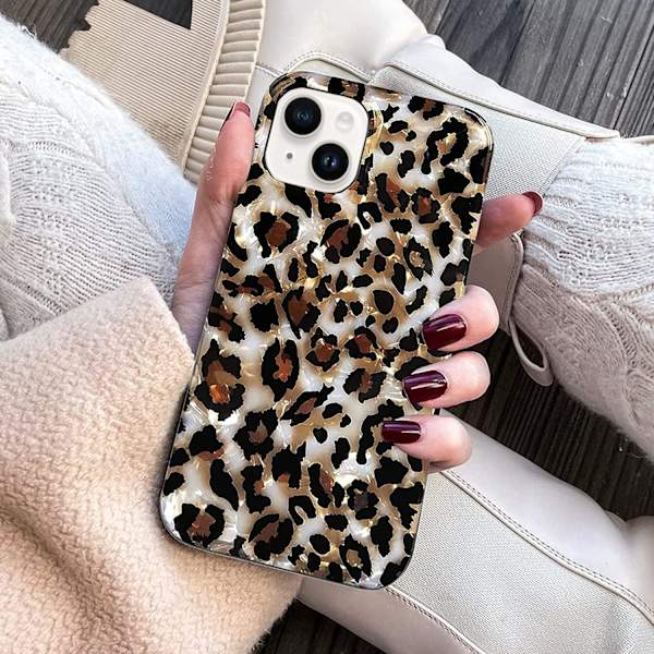 14.6×7.1×1cm Fodral Kompatibelt med iPhone 15 6.1-tums, Lyxig Glittrande Genomskinlig Klar Leopard Gepard Tryckt Pärlemor