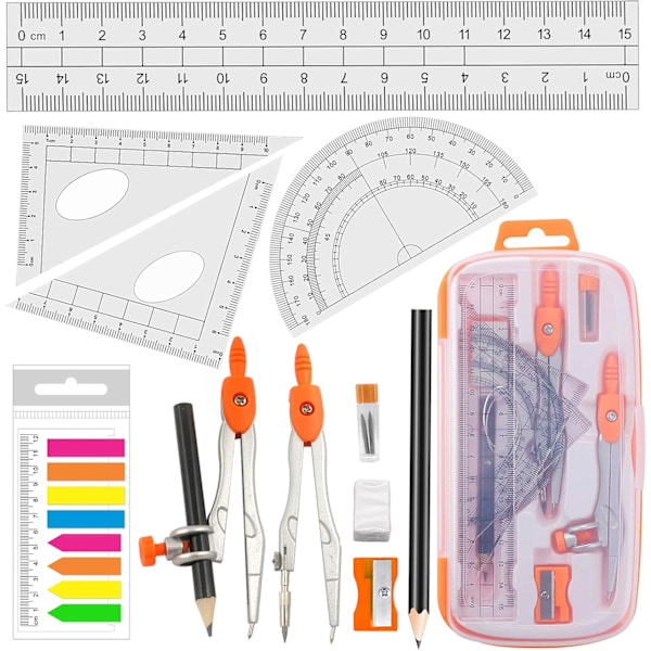 Geometrikompassuppsättning - Ritkompasser med Matematikgrader, Vinkelhake, Linjal och Mer för Studenter, Nybörjare, Läxor