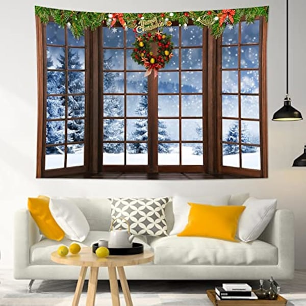 100x150cm Jul og Vinterveggteppe Snøskog utenfor Vinduer Veggteppe Henge Røde Julekuler og Julekrans