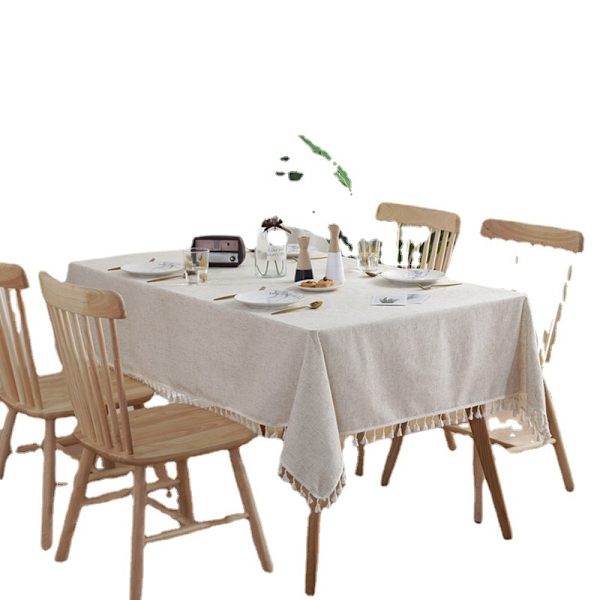 Rektangulær beige flekkavvisende duk med dusk, vaskbar bomullsduk