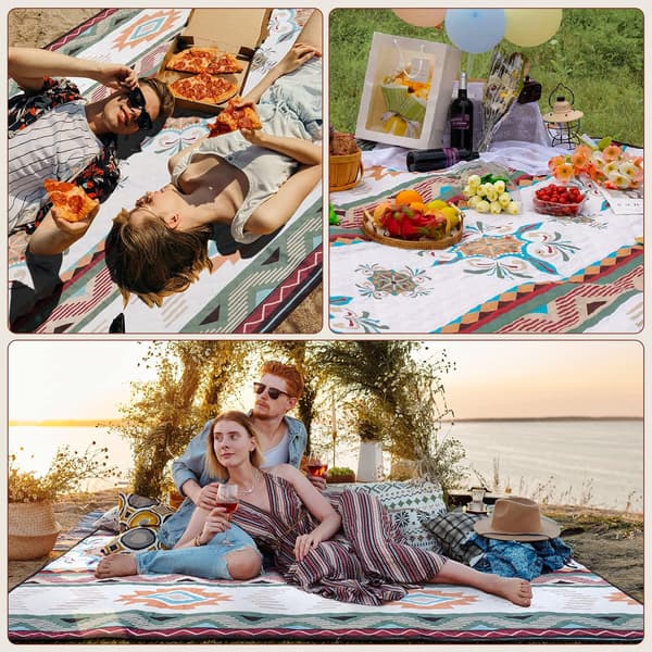 Boho piknikteppe, 200x200cm sandfritt strandteppe, bærbart, vaskbart piknikteppe