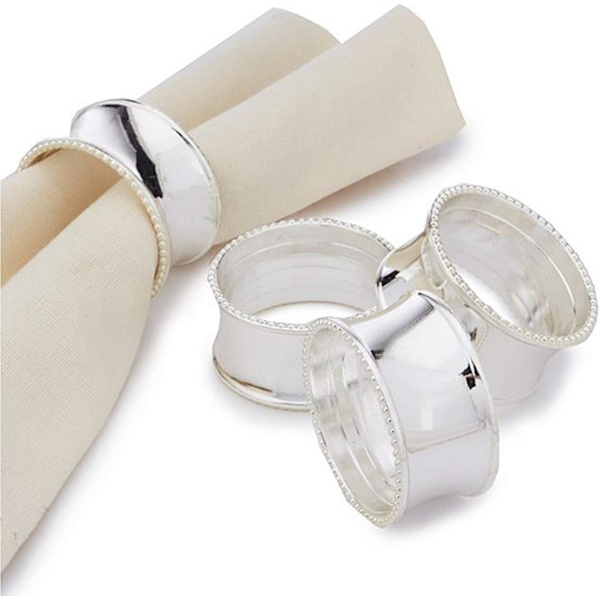 (Silver Beaded Edge, 6 PCS) Servettring Set, Middagsservett Spänne Hållare, Handgjord Natura