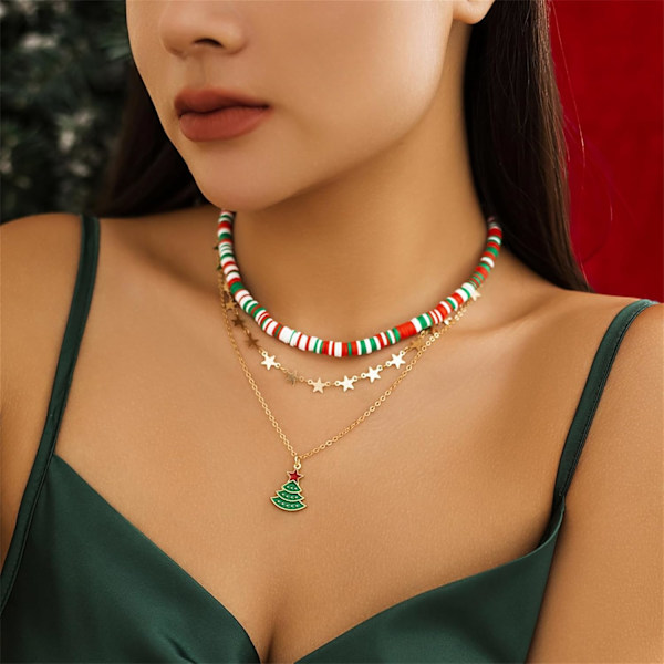 37×2.5×1.5cm Julerhalskjede Søt Julenissen Jingle Bell Snø Juletre Flere Lag Choker Halskjede for Jul