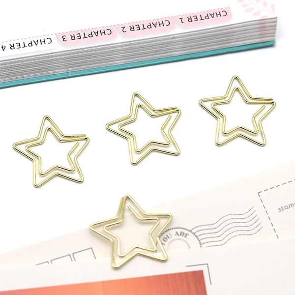 Guld 50 st Roliga Söta Gem Bokmärken Planeringsklämmor，Femuddig Stjärna Gem, Stjärnformade Metallgem med Transparent Låda för Roliga Kontorsmaterial