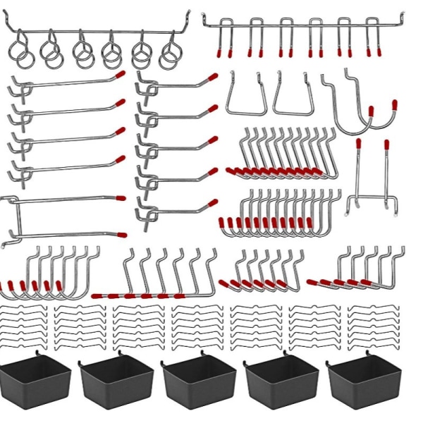 114 stk. opslagstavlekroge assorteret med bakker/kurve/tilbehør