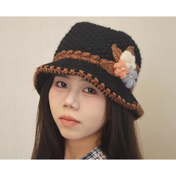 1 stk Fransk Tykk Dame Blomster Strikket Ullhatt Mote Beanie-hatt Dame Heklet-bøtte-hatt for Vinter