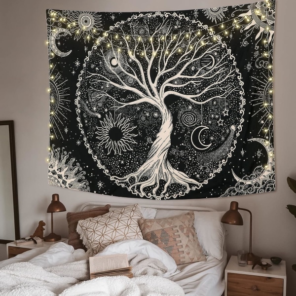 (150x200cm) Elämänpuu Kuu ja aurinko Tapestry Musta seinäripustin